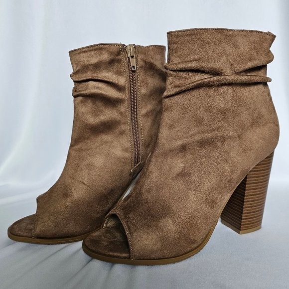 Taupe Suede Peep-Toe Slouch Bootie - Bella Marie - Picture 5 of 15